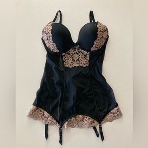 Victoria’s Secret lingerie teddy 36D black taupe floral lace mesh garter lace up